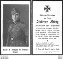 MEMENTO AVIS DE DECES SOLDAT ALLEMAND  ANDREAS KONIG 19/08/1941 - Décès