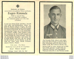 MEMENTO AVIS DE DECES SOLDAT ALLEMAND  EUGEN RIMMELE 01/10/1942 - Décès