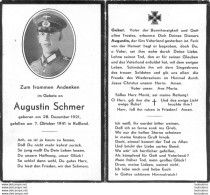 MEMENTO AVIS DE DECES SOLDAT ALLEMAND  AUGUSTIN SCHMER 07/10/41 - Obituary Notices