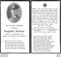 MEMENTO AVIS DE DECES SOLDAT ALLEMAND  AUGUSTIN SCHMER 07/10/41 - Todesanzeige