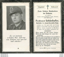 MEMENTO AVIS DE DECES SOLDAT ALLEMAND  FERDINAND SCHONHOFER 19/08/1945 - Todesanzeige