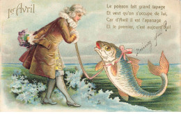 VOEUX  AO#AL000800 1ER AVRIL  POISSONS GEANT AVEC UNE LAISSE TENU PAR UN HOMME AVEC UN BOUQUET A LA MAIN - April Fool's Day