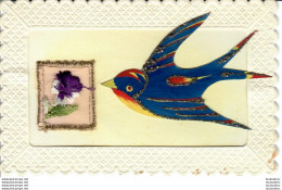 CARTE BRODEE AVEC FLEUR EN TISSUS ET OISEAU AVEC STRASS ENVOYEE DE BRETTEVILLE L'ORGUEILLEUSE CALVADOS - Ricamate