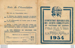 ASSOCIATION REPUBLICAINE DES ANCIENS COMBATTANTS ET VICTIME DE GUERRE CARTE DE MEMBRE 1954 DEFER GEORGES - Historische Dokumente
