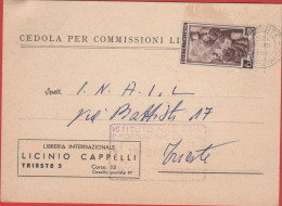 ITALIA - Storia Postale Repubblica - 1955 - 6 Italia Al Lavoro (Isolato) - Cedola Di Commissione Libraria - Licinio Capp - 1946-60: Storia Postale