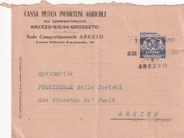 ITALIA. BUSTA. 1939. CASSA MUTUA INFORTUNI AGRICOLI AREZZO - Marcofilía