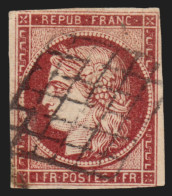 N°6b, Cérès 1fr CARMIN-FONCÉ, Oblitéré Grille, Signé CALVES - B/TB - 1849-1850 Cérès