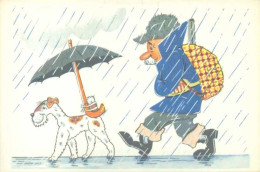 FANTAISIE ILLUSTRATEUR HUMOUR CHASSE -  CP RUSSE  -  CHASSEUR SOUS LA PLUIE ET CHIEN SOUS LE PRARPLUIE - Jagd