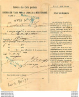 SERVICE DES COLIS POSTAUX CHEMINS DE FER DE PARIS A LYON ET A LA MEDITERRANEE 1891 CACHET MARCILLOLES - 1800 – 1899