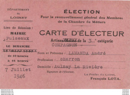 CARTE D'ELECTEUR ELECTION A LA CHAMBRE DES METIERS PUISEAUX 1946  LAMANDA ANDRE CHARRON - Non Classificati