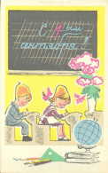 CP RUSSE  RUSSIE URSS - FANTAISIE ILLUSTRATEUR - ECOLIER ECOLE GLOBE ECRITURE TABLEAU NOIR - Ecoles