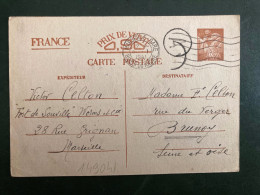 CP EP IRIS 0,90 OBL.MEC.30 I 1941 MARSEILLE GARE (13) EXP: Victor CELTON Chef Mien "FORT DE SOUVILLE"  Pour BRUNOY (91) - 2. Weltkrieg 1939-1945