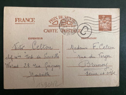 CP EP IRIS 0,90 OBL.MEC.28 I 1941 MARSEILLE GARE (13) EXP: Victor CELTON Chef Mien "FORT DE SOUVILLE"  Pour BRUNOY (91) - Guerre De 1939-45