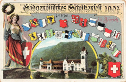 Zürich, Eidgen. Schützenfest 1907, Göttin Avec Ehrenkranz, Armoiries Verschied. Schweizer Kantone, Vue Du Bâtiment - Zürich