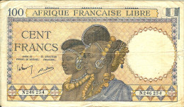 BILLET DE BANQUE AFRIQUE FRANCAISE LIBRE CONGO 100 FRANCS 1941 SERIE N246254 - Afrique Du Sud