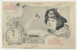 Carte Fantaisie Femme - Les Heures - Midi -  Minuit  - Phototypie Bergeret - Bergeret