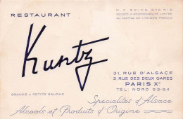 Restaurant KUNTZ .  PARIS .  - Cartes D'hotel