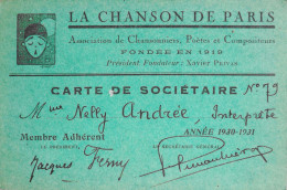 1930/1931 - LA CHANSON DE PARIS - CARTE De SOCIETAIRE à NELLY ANDREE Interprète - TBE - Tarjetas De Membresía