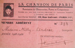 1937/1938 - LA CHANSON DE PARIS - MEMBRE ADHERENT à NELLY ANDREE Interprète - BE - Cartes De Membre