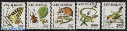 San Marino 1990 Fauna & Flora 5v, Mint NH, Nature - Animals (others & Mixed) - Birds - Butterflies - Insects - Reptiles - Nuevos