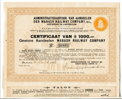 WABASH RAILWAY COMPANY; Certificaat Van $ 1.000.- - Railway & Tramway