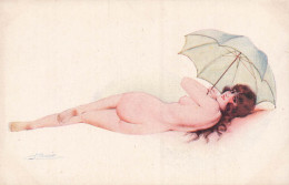 SUZANNE MEUNIER EN COSTUME D'EVE  FEMME NUE ET OMBRELLE  SERIE N°26 - Meunier, S.