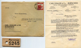 Germany 1935 Cover W/ Letter & Sample; Burscheid (Bz. Düsseldorf) - Carl Staller & Co.; 12pf. Railroad Centenary - Lettres & Documents