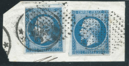 2 X N°14 20c BLEU NAPOLEON TYPE 2 / CERCLE DE POINTS / PARIS / SUR FRAGMENT - 1853-1860 Napoléon III