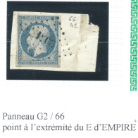 N°14 20c BLEU NAPOLEON TYPE 2 SUR FRAGMENT / PC 1206 / PLANCHAGE 66/G2 / VARIETE POINT A L'EXTREMITE DE EMPIRE - 1853-1860 Napoléon III