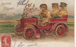 PÂQUES. CPA GAUFREE ILLUSTREE. " JOYEUSES PÂQUES." EN ROUTE... VOITURE DE POUSSINS . ANNEE 1908 + TEXTE - Easter