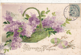 PÂQUES. CPA GAUFREE ILLUSTREE. " JOYEUSES PÂQUES " . PANIER DE LILAS. OEUFS DÉCORES . ANNÉE 1905 + TEXTE - Easter