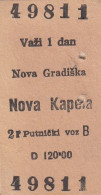 Yugoslavia Yugoslav Railways Train Ticket Line Nova Gradiška - Nova Kapela 1960 - Europe