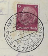 Germany 1937 Postcard Photo Maritime Cancel Line Bremen New York Ship Columbus Norddeutscher Lloyd Stamp Hindenburg 15Pf - Lettres & Documents
