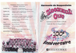 PROGRAMME 100° ANNIVERSAIRE HARMONIE DE ROPPENHEIM "BLOOSMUSIK OWE "  ( Lot 435 ) - Programme