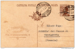 1929    CARTOLINA CON ANNULLO CREMONA + VEROLANUOVA BRESCIA - Interi Postali