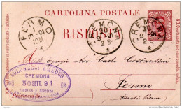 1891  CARTOLINA CON ANNULLO  CREMONA - Entero Postal