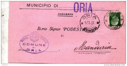 1937   LETTERA CON ANNULLO ORIA  BRINDISI - Marcophilie