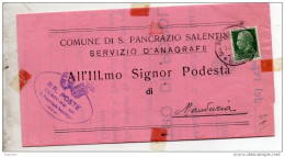 1937  LETTERA CON ANNULLO S. PANCRAZIO SALENTINO BRINDISI - Marcophilie