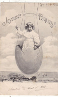 PÂQUES. CPA  ILLUSTREE. " JOYEUSES PÂQUES " .FILLETTE VOYAGE EN BALLON DANS UNE COQUILLE.. ANNÉE 1904+ TEXTE - Easter