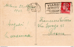 1942  CARTOLINA  CON ANNULLO  MILANO + TARGHETTA VIAGGIANDO SERVITEVI DEI TELEGRAMMI TRENO - Marcofilie
