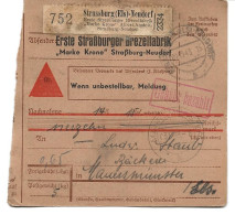 BULLETIN DE COLIS POSTAL 1943 AVEC ETIQUETTE STRASSBURG-NEUDORF ERSTE STRASSBURGER BREZELFABRIK - Brieven En Documenten