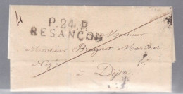 Une Lettre Dite Précurseurs    P. 24 . P Besançon   3 Septembre 1826  Destination Dijon Dateur A - 1801-1848: Precursores XIX