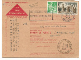 CARTE CONTRE REMBOURSEMENT 1959 AVEC CACHETS DE STRASBOURG ET CACHET DISP. D'AFFRANCH. SECURITE SOC. - Storia Postale