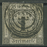 Baden 1853/54 1 Kreuzer Schwarz Auf Weiß 5 Gestempelt, Berührt - Oblitérés