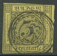 Baden 1851 3 Kreuzer Auf Gelb 2 B Mit Nr.-Stpl. 153 WALDSHUT - Usati