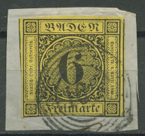 Baden 1853/54 6 Kreuzer Schwarz Auf Gelb 7 Gestempelt, Briefstück - Used