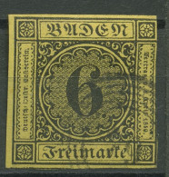 Baden 1853/54 6 Kreuzer Schwarz Auf Gelb 7 Gestempelt, Leicht Angeschnitten - Usados