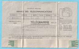 CONGO BELGE Télégramme  De Bruxelles   Obl STANLEYVILLE 21 VII 1952  - Telegramas