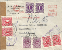 FRANCE ANNEE 1953 ENVELOP. EMA  L'AIR LIQUIDE PARIS 25 II 53 POUR VIENNE Autriche+CENSURE+ TAXE AUTRICHE TB  - EMA ( Maquina De Huellas A Franquear)