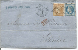 FRANCE ANNEE 1867 N°21,29 DE PARIS POUR GENEVE 31 12 67 TB - 1863-1870 Napoleon III With Laurels